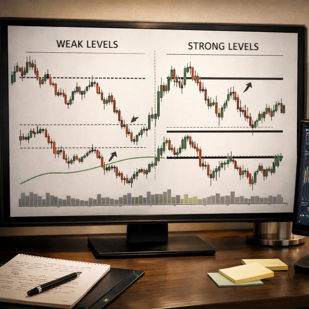 support and resistance weak vs strong process illustration for Support and resistance for active traders: how to mark usable levels without cluttering the chart