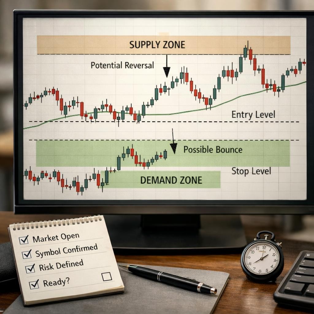 supply and demand zones pre-live checklist illustration for Supply and demand zones for active traders: how to map them without turning every chart into hindsight
