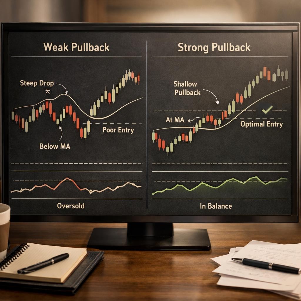 pullback trading weak vs strong process illustration for Pullback trading setups: how to separate healthy retracements from low-quality entries