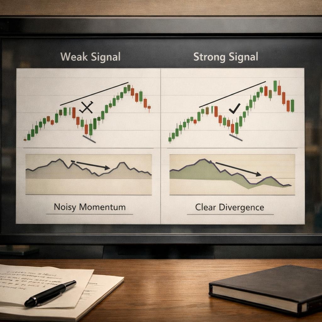 divergence trading weak vs strong process illustration for Divergence setups for active traders: when momentum disagreement matters and when it is just noise