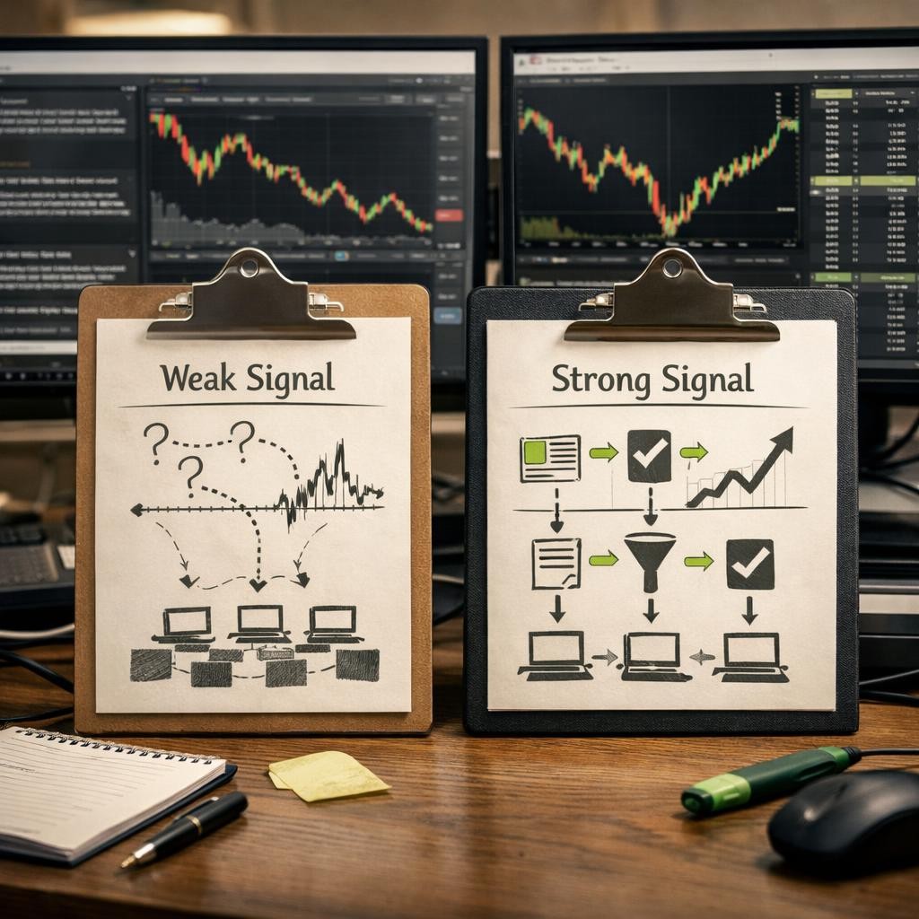 signal quality weak vs strong process illustration for Why signal quality matters more than adding another broker or another automation layer