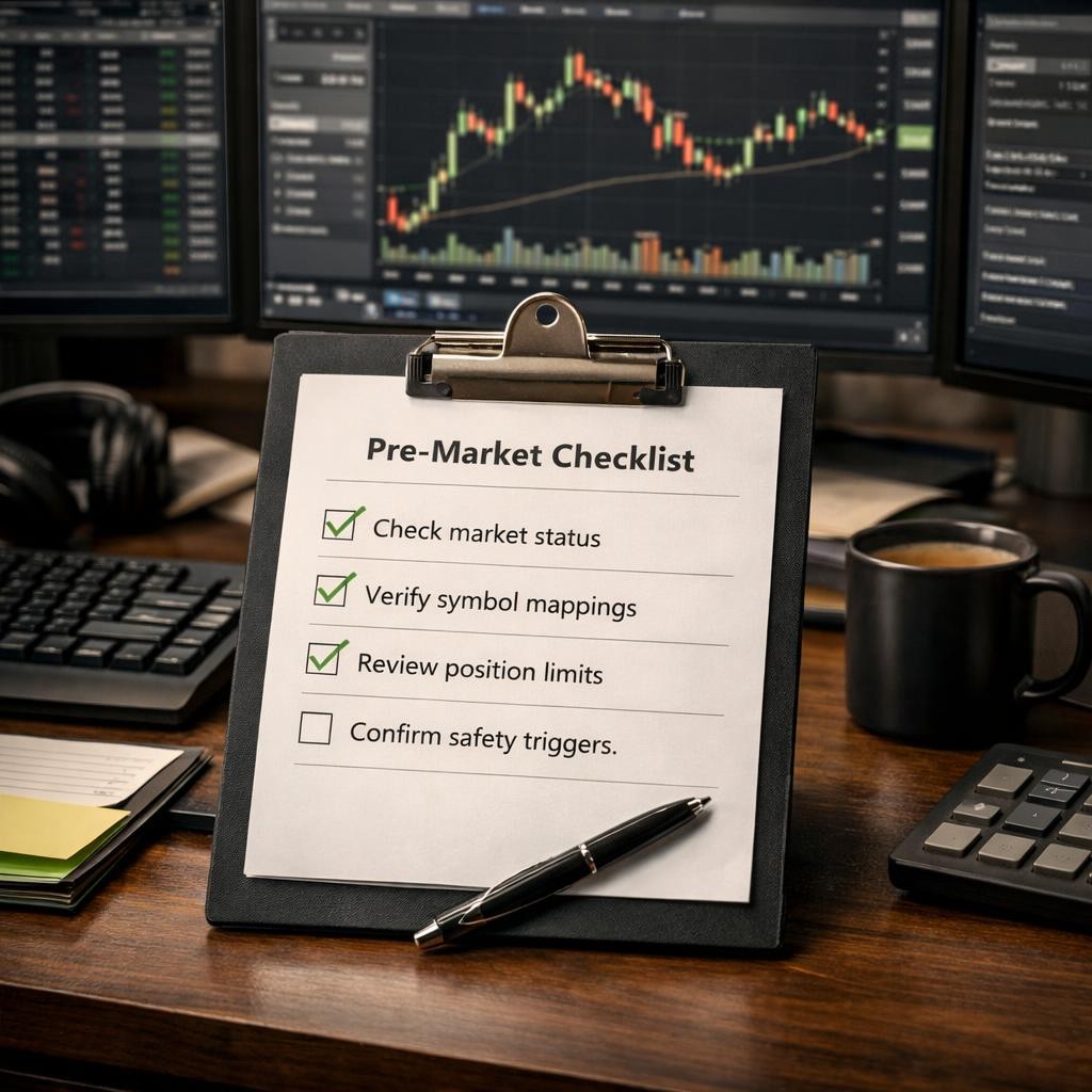 pre-market checklist pre-live checklist illustration for The pre-market checklist for automated traders: what to verify before alerts start routing live