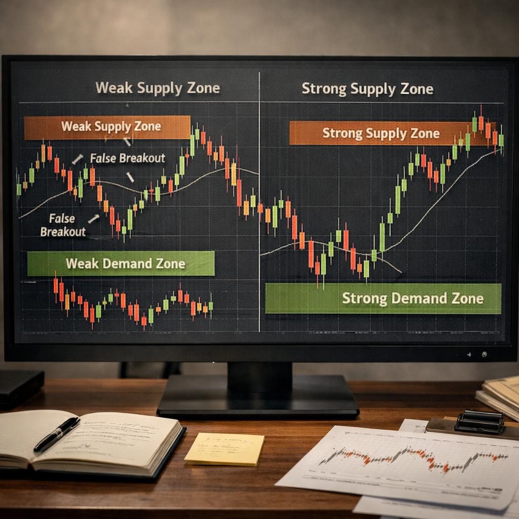 supply and demand zones weak vs strong process illustration for Supply and demand zones for active traders: how to map them without turning every chart into hindsight