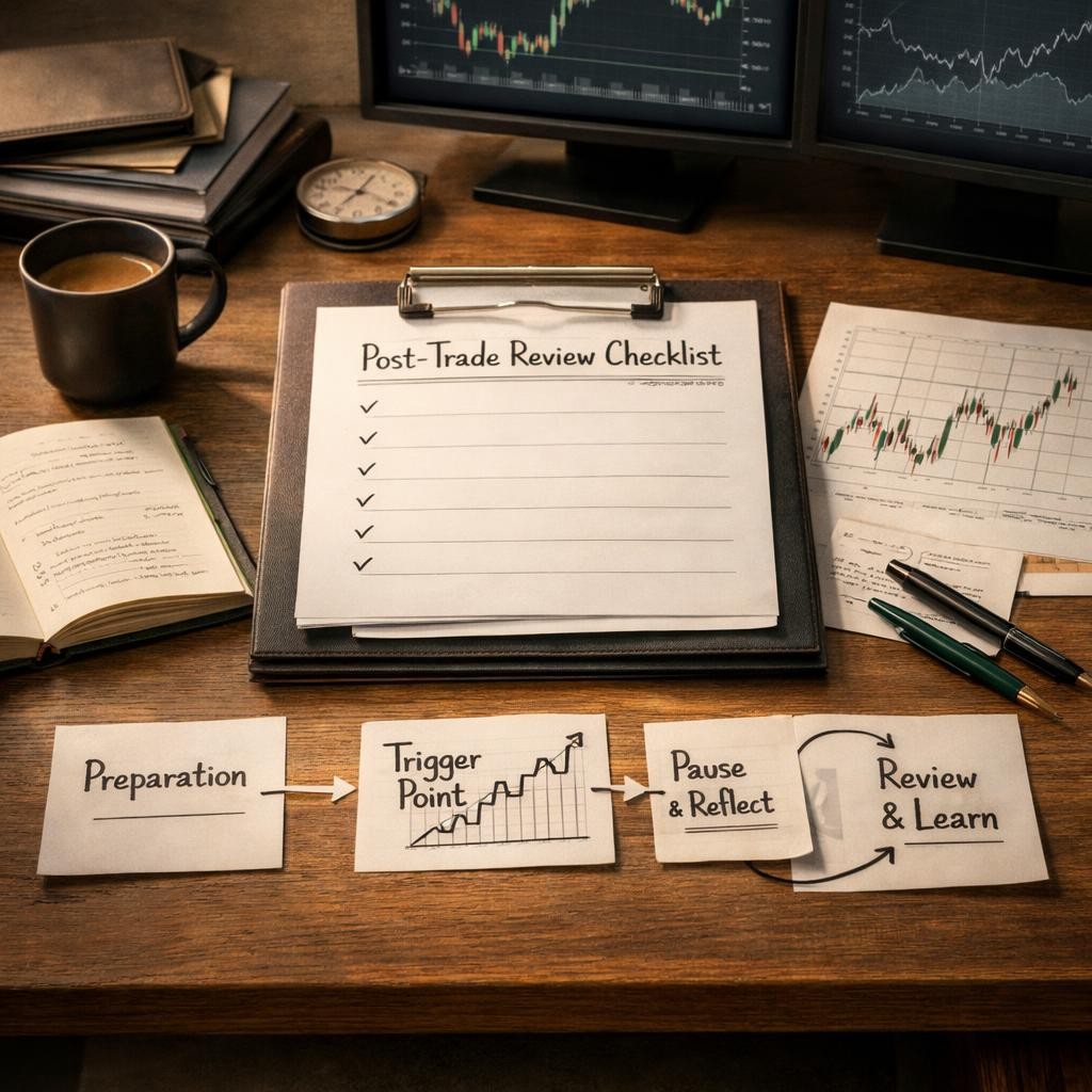 post-trade review checklist session framework illustration for Post-trade review checklist: the five questions that expose weak assumptions before they repeat