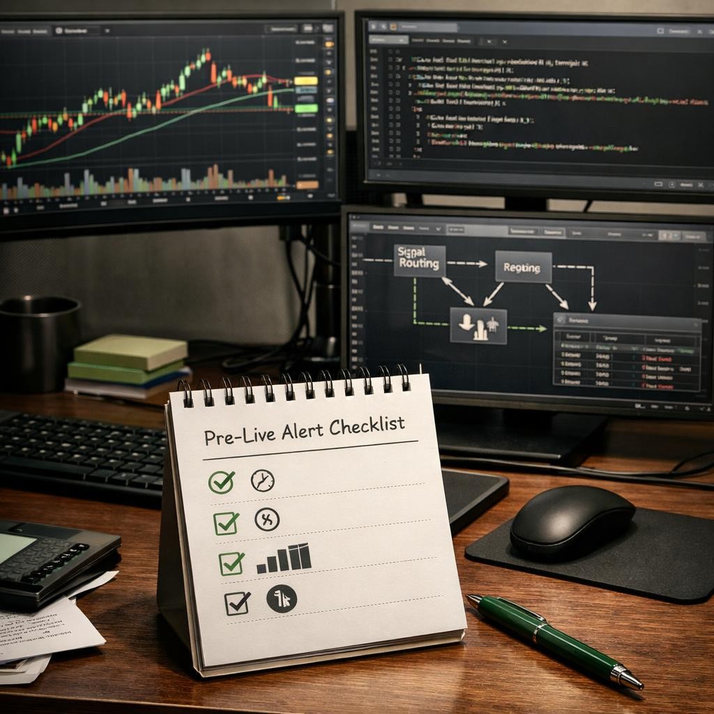 TradingView alert design pre-live checklist illustration for TradingView alert design patterns: writing webhook messages that survive parsing, routing, and broker translation