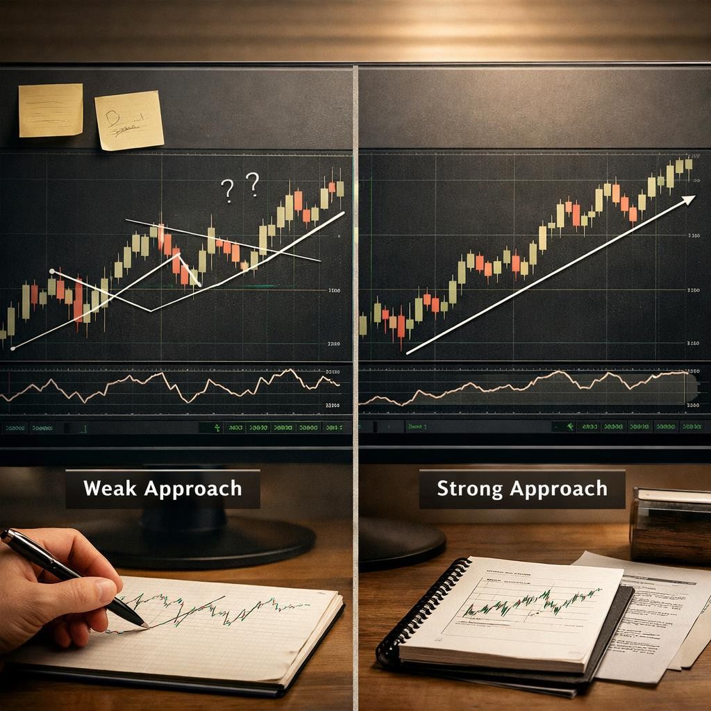trendline trading weak vs strong process illustration for Trendline trading for discretionary traders: where it helps, where it breaks, and how to keep it objective