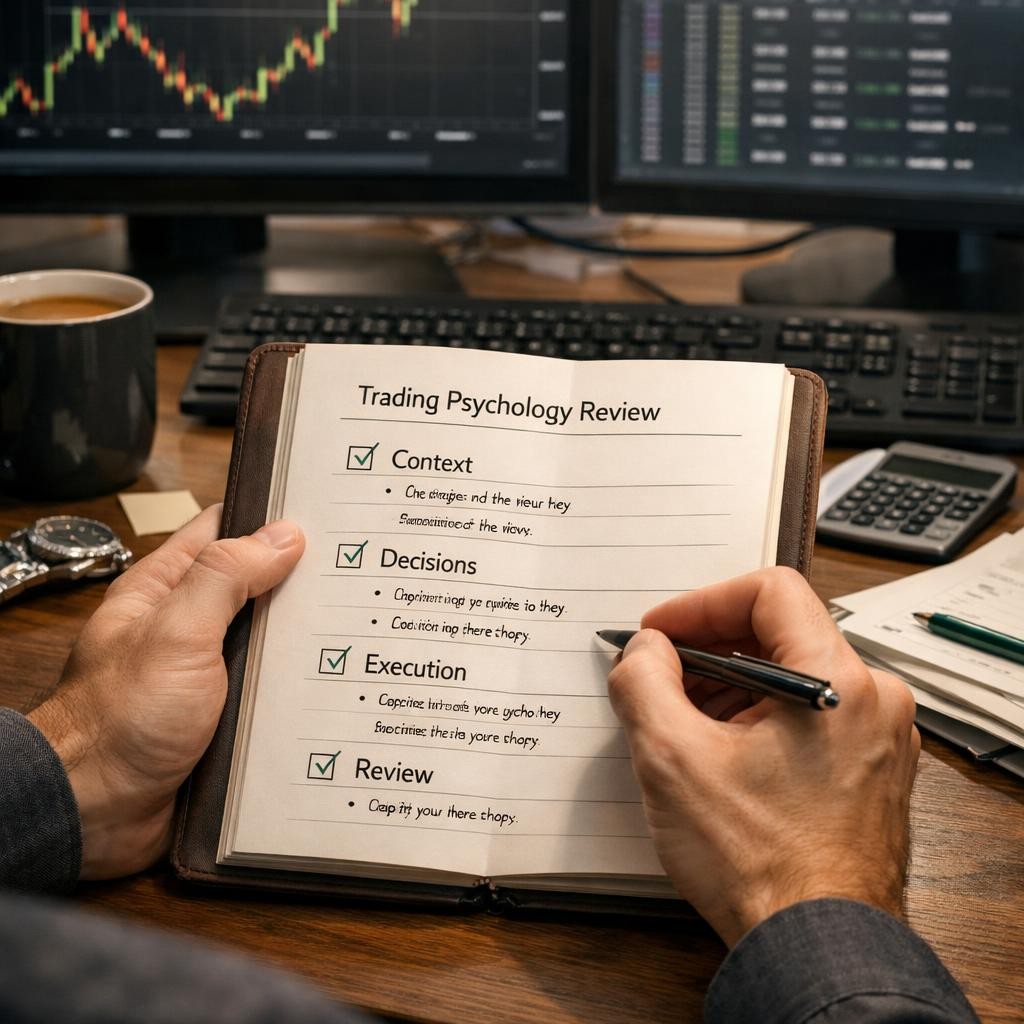 trading psychology review checklist illustration for Trading psychology for rule-based traders: emotional control starts in the process, not the pep talk