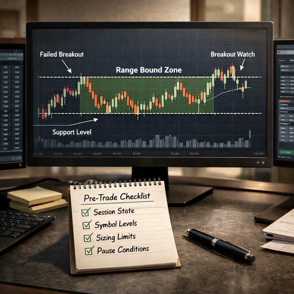 consolidation trading pre-live checklist illustration for Consolidation trading: reading balance, breakout pressure, and failed moves without overtrading the range