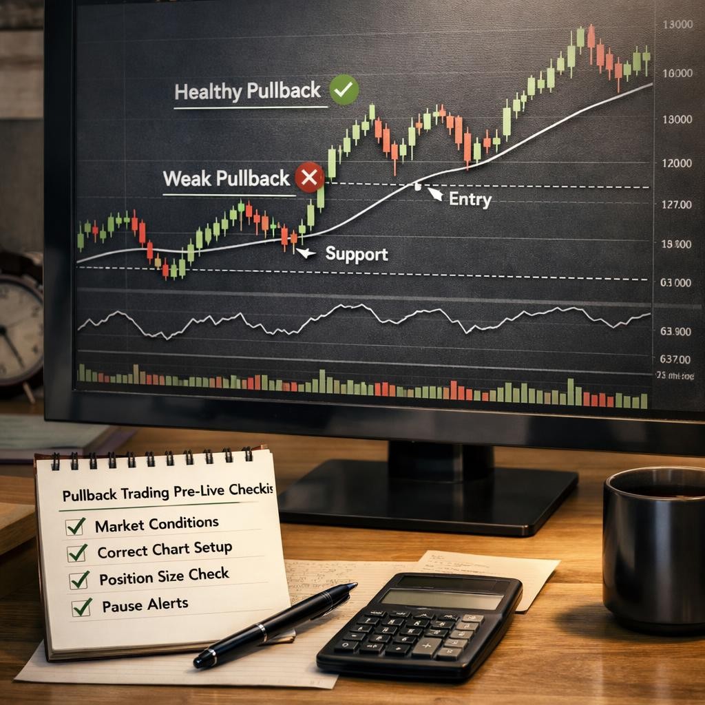 pullback trading pre-live checklist illustration for Pullback trading setups: how to separate healthy retracements from low-quality entries