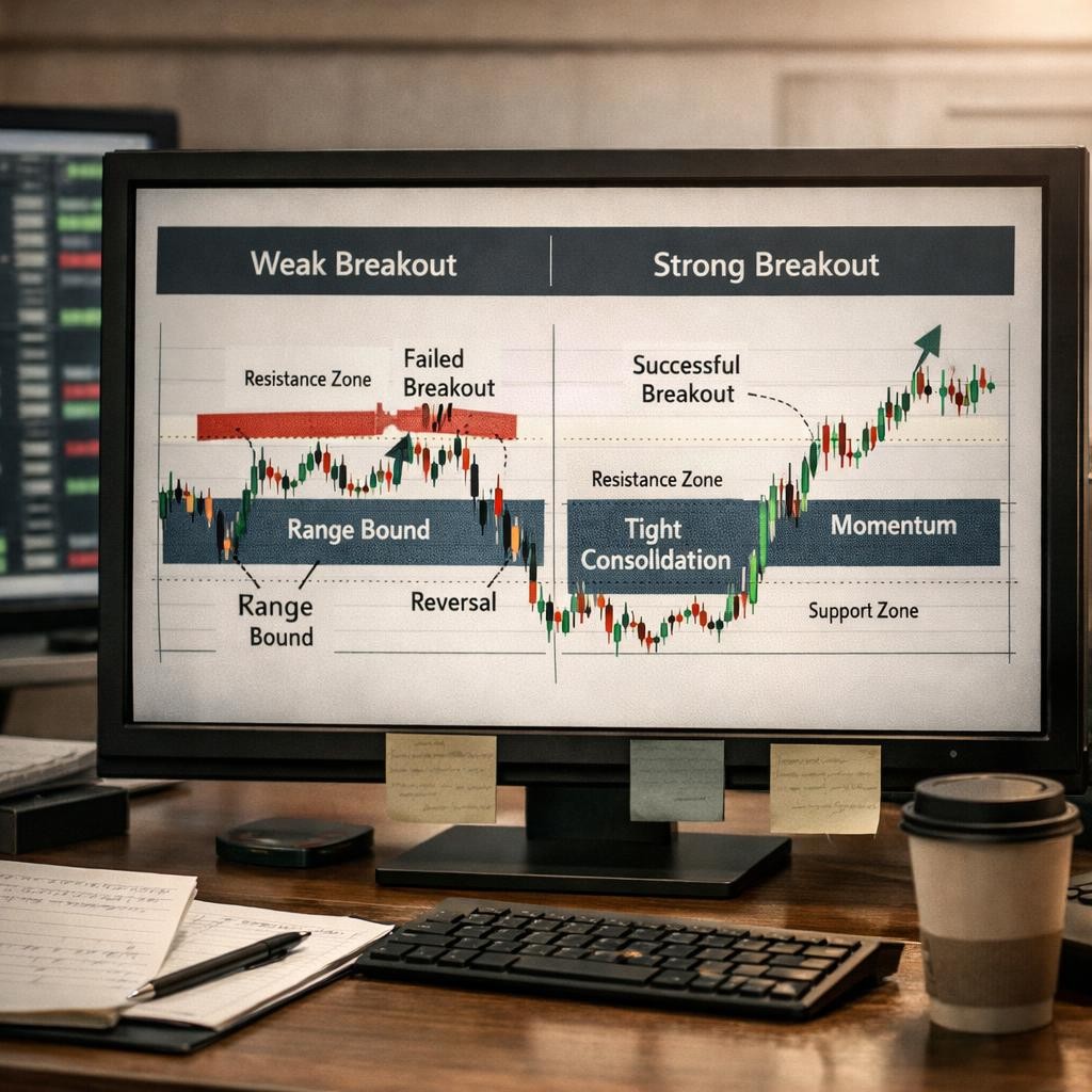 consolidation trading weak vs strong process illustration for Consolidation trading: reading balance, breakout pressure, and failed moves without overtrading the range